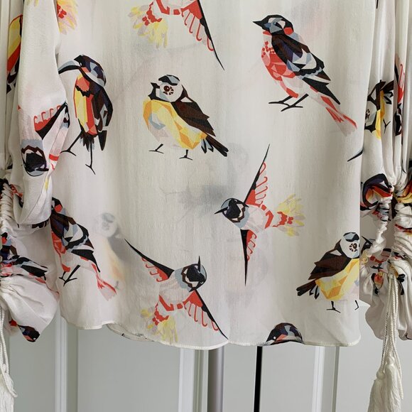 LOVE BINETTI Womens Sz L Geometric bird print Blouse 100% silk - Picture 3 of 14